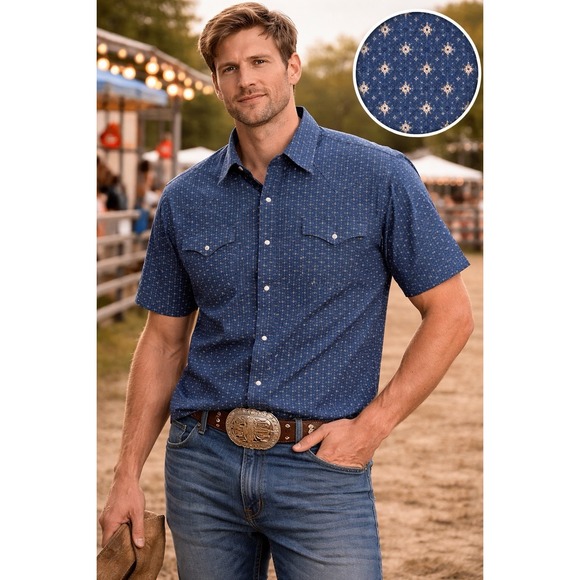 Ely Cattleman Other - Ely Cattleman Mens Blue Geometric Pearl Snap Western Shirt Short Sleeve XXL 2XL
